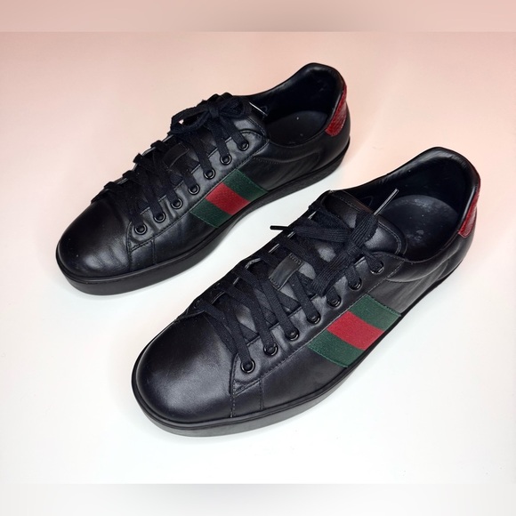 Gucci Men’s Ace Black Leather Python Embossed Lace Up Sneakers Size- 9.5 - Picture 6 of 12